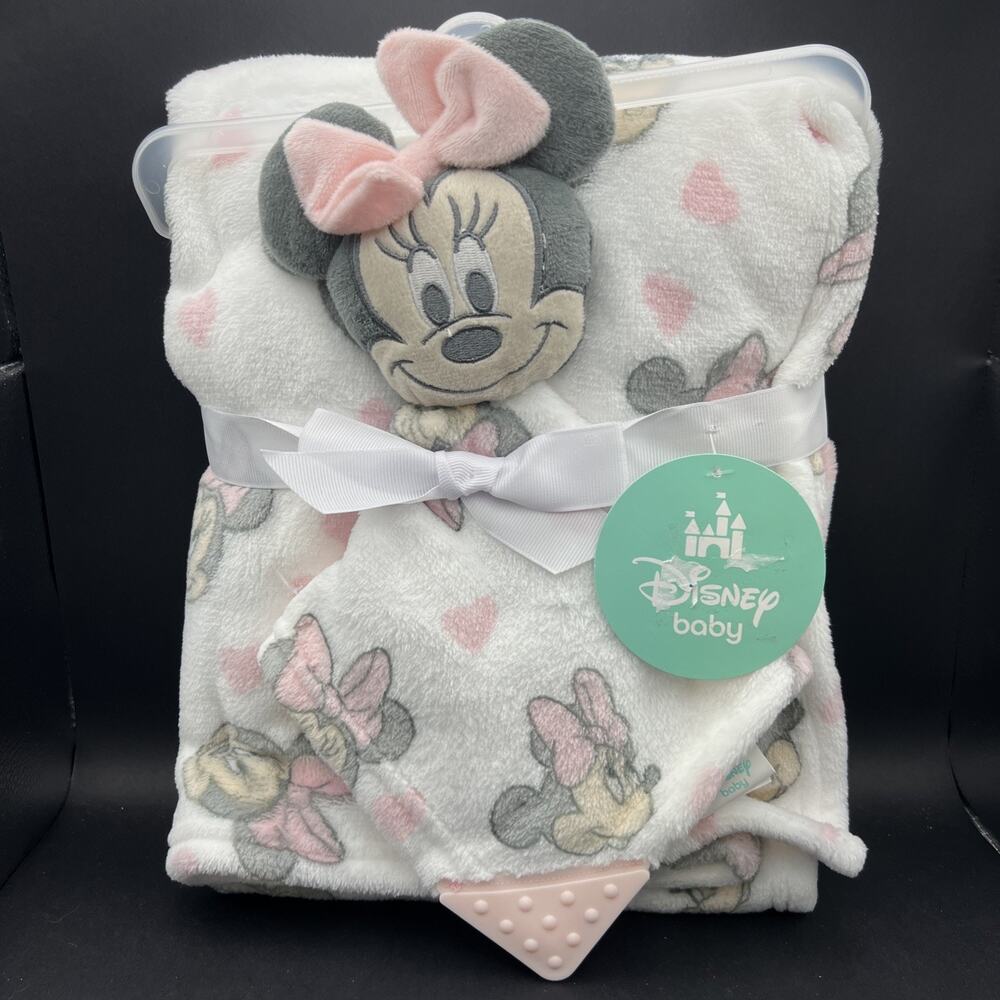 Disney Baby Minnie Mouse White Blanket and Security Blanket Lovie W Teether Set